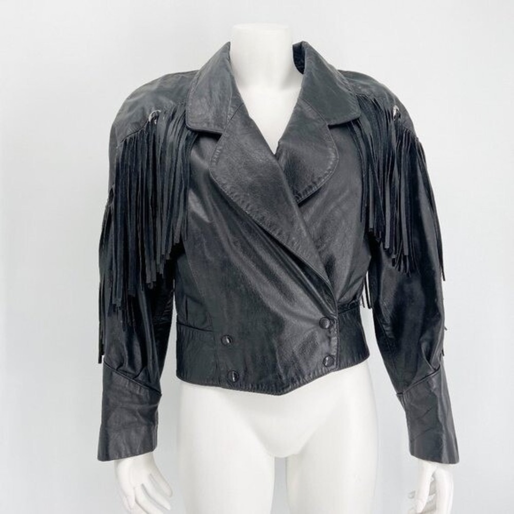 Vintage G-III Black Fringe Leather Jacket Snap Front Moto‎ Style Size M Womens